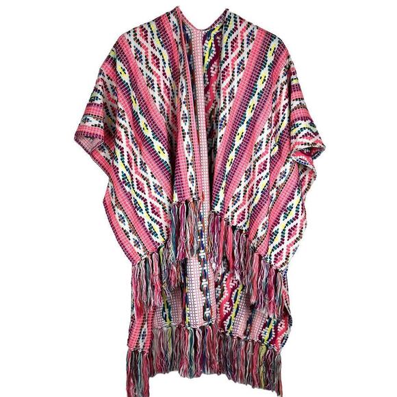 Hi-Lo Poncho Cape Aztec Woven Pattern Fringe Pink Multicolored One Size - Picture 1 of 4